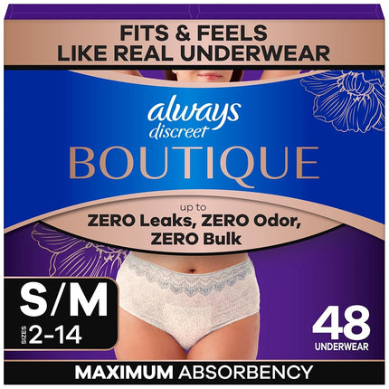 Always Discreet Boutique Incontinence and Postpartum Underwear for Women, Maximum Protection, S/M, Rosy, 48 Count