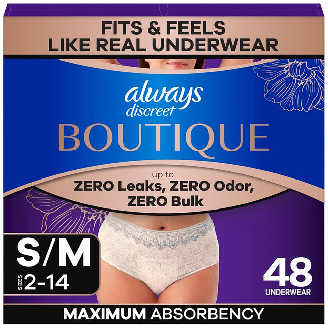 Always Discreet Boutique Incontinence and Postpartum Underwear for Women, Maximum Protection, S/M, Rosy, 48 Count