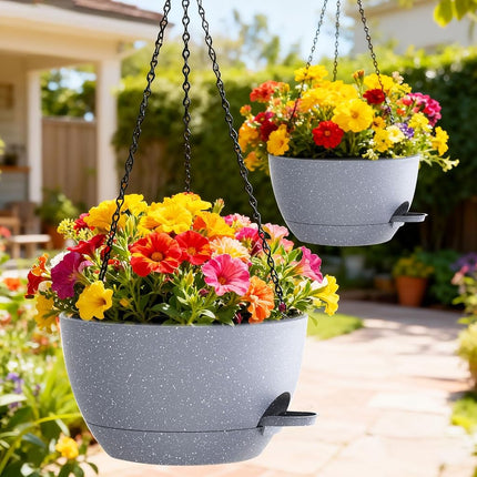 SQKH 12 Inch Hanging Baskets 2 PC with Chains, Self-Watering Hanging Planters for Indoor Outdoor Plants, Plastic Hanging Flower Pots,Speckled Grey