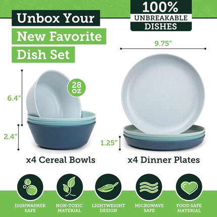 Grow Forward Premium Wheat Straw Plates and Bowls Sets - 8-Piece Wheat Straw Dinnerware Sets - Unbreakable & Reusable Microwave Safe Plastic Dinner Plates for Outdoors, RV, Camping Dishes - Seascape