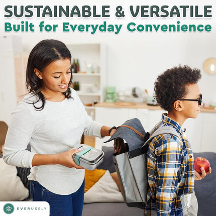 Everusely - Bento Box - Green, 37oz / 1.1 L - Stainless Steel Lunch Box with Leakproof Condiment Container - 3 Compartment Snack Organizer for On the Go Meals - Freezer & Dishwasher Safe