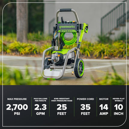 Hidrolavadora eléctrica Greenworks Pro sin escobillas 2700 PSI (certificación CSA) 2.3 GPM máx. / 1.2 GPM (mangos plegables, estructura de acero resistente, manguera de 25 pies, cable de alimentación GFCI de 35 pies)