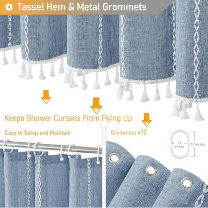 BTTN 72x96 Extra Long Boho Linen Heavy Duty Cloth Shower Curtain Set, Blue