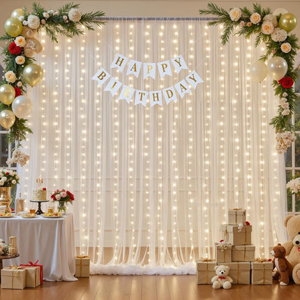 Ivory Sheer Backdrop Curtains with Lights String for Parites Wedding 10×8ft Tulle Backdrop Curtains for Baby Shower Birthday Party Bridal Shower Christmas Photo Shoot Background Decorations