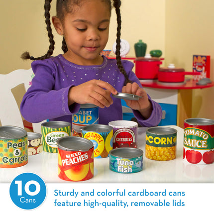 Melissa & Doug ¡A jugar a las casitas! Juego de latas de alimentos para la cocina - 10 latas apilables con tapas extraíbles