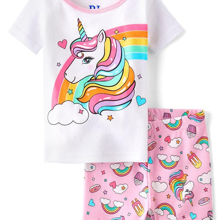 The Children's Place Baby Girls' 2 Piece Pajama Set Short Sleeve Top and Shorts and Shorts Set, Rainbow Pink Unicorn, 0-3 Months