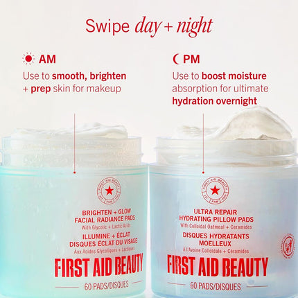 First Aid Beauty - Facial Radiance Pads with Glycolic & Lactic Acids, Daily Exfoliating Pads with AHA, Visibly Smaller Pores, Help Tone & Brighten Skin, One-Step Makeup Prep, Compostable, 28
