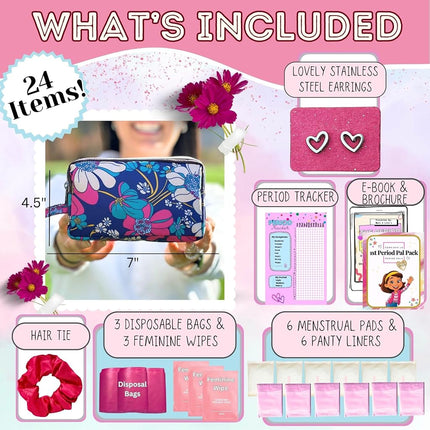First Period Pal Pack to-Go Kit | 26 pcs | First Period Kit for Girls 9-12 | Period Bags for Teen Girls for School | Discrete Period Bag, Pads, Panty Liners, Period Kits for Girls 10-12 - Flowers