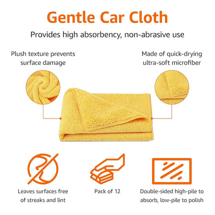 Amazon Basics Microfiber Car Drying Towels (12-Pack), Lint Free, Scratch Free, Highly Absorbent Drying Towel for Cars, 40.6 x 40.6cm, Yellow