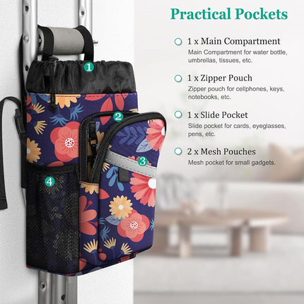 FINPAC Crutch Accessories Bag, Water-Resistant Storage Organizer Tote Bag with Drink Holder and Zipper Pouch for Crutches, Underarm Crutches Attachment, Daisy