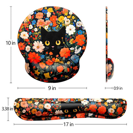 Dapesuom Keyboard Wrist Rest and Mouse Pad with Wrist Support, Cute Memory Foam Cushion for Keyboard and Mouse Set, Desktop Pad Rests with Non Slip Base for Easy Typing & Pain Relief, Cat Flower Bush
