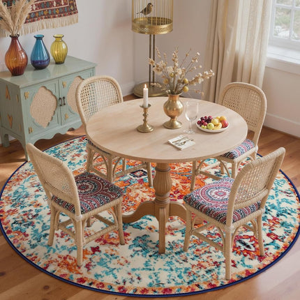 Lahome Bohemian Floral Medallion Round Rug - 6Ft Soft Washable Non-Slip Vintage Cute Table Throw Carpet for Living Room, Dining Room, Bedroom, Office, Nursery, Guest Room