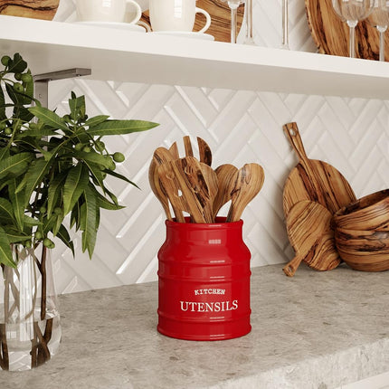 Barnyard Designs Ceramic Farmhouse Utensil Holder for Kitchen Counter, Large Rustic Utensil Crock, Countertop Cooking Tool Spatula Organizer, 6.75”, Red