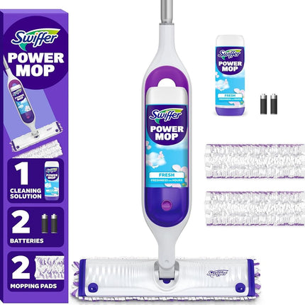 Swiffer PowerMop Kit de trapeador multisuperficie para limpieza de pisos, aroma fresco, el kit de trapeador incluye PowerMop, 2 repuestos de almohadillas para trapear, 1 solución de limpieza de pisos con aroma fresco y 2 baterías