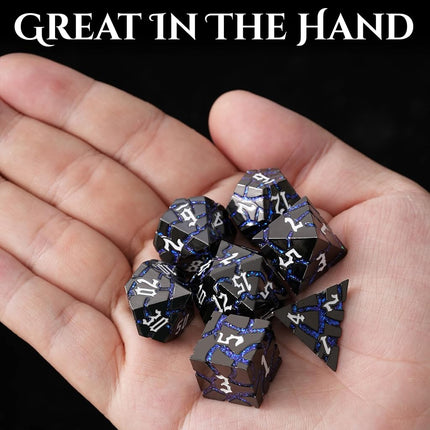Metal Dice for DND - Ancient Cracked - Black Blue Glitter Cracks