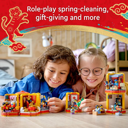 LEGO Lunar New Year Traditions 80108 Building Kit; Gift Toy for Kids Aged 8 and Up; Building Set Featuring 6 Festive Scenes and 12 Minifigures, Including The God of Wealth (1,066 Pieces)