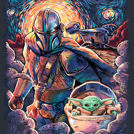 STAR WARS Mandalorian & The Child Starry Night Style Men's Wash T-Shirt, Black/Charcoal, Small