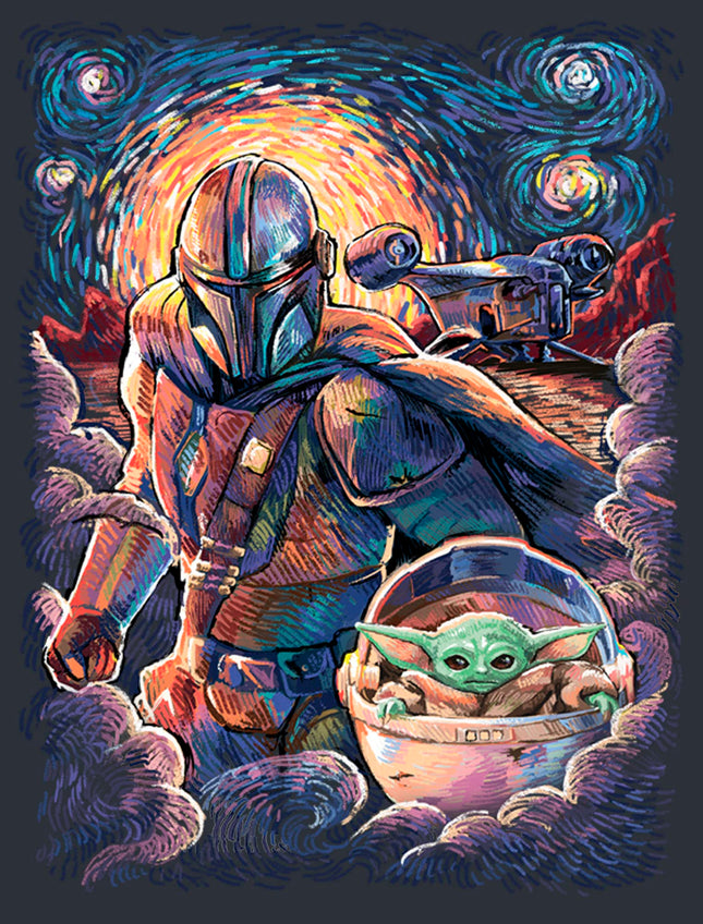 STAR WARS Mandalorian & The Child Starry Night Style Men's Wash T-Shirt, Black/Charcoal, XX-Large