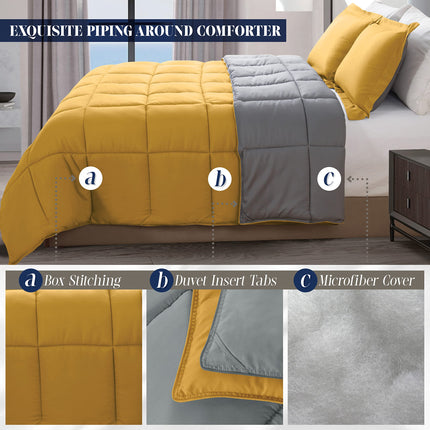 Elegante juego de edredón reversible de 3 piezas de Elegant Comfort, acogedor para todas las estaciones, alternativa suave a la pluma, acolchado – costura de caja – inserto de edredón con 4 pestañas en las esquinas, edredón con fundas, King, amarillo/gris