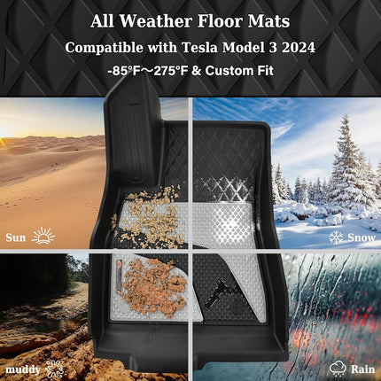 Coverado Floor Mats for 2024 2025 Tesla Model 3, Custom Fit All Weather TPE Cargo Liner Floor Mats Full Set, Waterproof Car Mats Trunk Floor Mat Tesla Model 3 Accessories,Front & Rear
