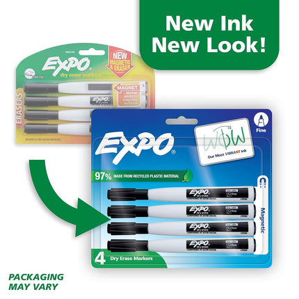 Expo Magnetic Dry Erase Markers with Eraser, Fine Tip, Black, 4 Count