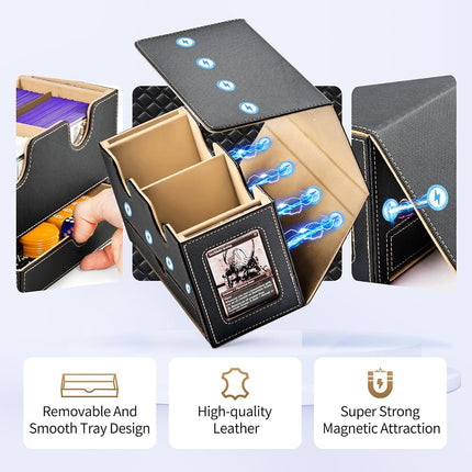 UAONO MTG Deck Box with 2 Commander Display and Dice Tray-Patented Design, Double Deck Box for 280+ Single Sleeved Cards, Leather Magnetic Card Storage Box Fits for TCG CCG Magic Cards (Black&Khaki)
