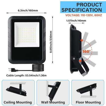 Simple Deluxe Paquete de 2 focos LED de exterior, 70W 7000LM, luz de trabajo exterior superbrillante con enchufe, resistente al agua IP65, luz de inundación de 6500K para garaje, patio, césped
