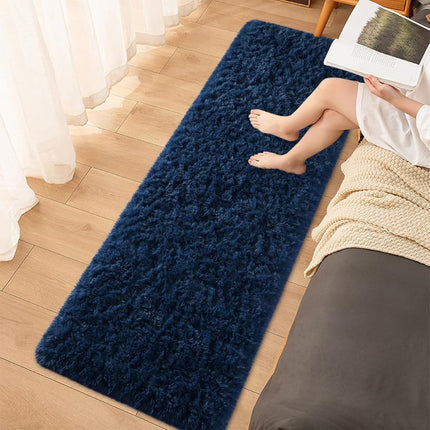 FALARK Soft Navy Blue Runner Rugs for Bedroom, 2x6 ft Bedside Rug Plush Fluffy Carpets, Shag Furry Modern Area Rug Carpet for Living Room Girls Kids Room Nursery Home Decor, Navy Blue