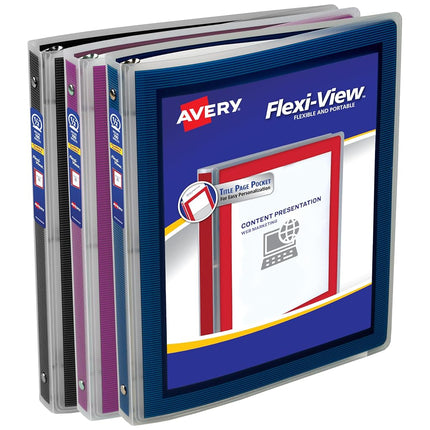 Avery Flexi-View 3 Ring Binders, 1/2 Inch Round Rings, Assorted Colors (Black, Burgundy, Navy Blue), Pack of 12 Binders (15760)