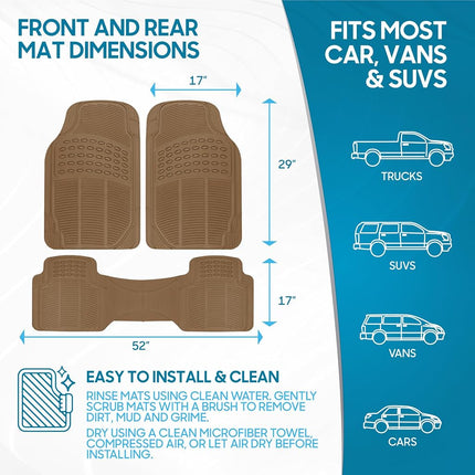 BDK Original ProLiner 3 Piece Heavy Duty Front & Rear Rubber Floor Mats for Car SUV Van & Truck, Beige - All Weather Floor Protection Fits Most Vehicles
