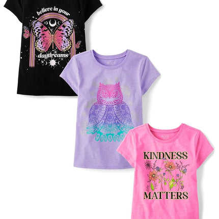 Camisetas gráficas de manga corta "Kindness, Love, Equality" para niñas de The Children's Place, paquetes múltiples, paquete de 3 de búho degradado/Kindness/mariposa, talla XS