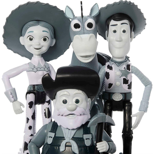 Coffret Mattel Disney et Pixar Toy Story de 4 figurines articulées avec Woody, Jessie, Pile-Poil et Papi Pépite monochromes, Woody le Sherif, Échelle 1/10e