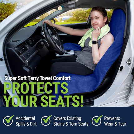 Season Guard Terry Cloth Sweat Towel Seat Cover; Carseat Towel Protector; Great for Gym Workout; Waterproof; Universal Fit for Car SUV Van Truck; EZ fit; Non Slip Grip; Machine Washable; 2pc Blue