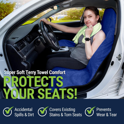 Season Guard Terry Cloth Sweat Towel Seat Cover; Carseat Towel Protector; Great for Gym Workout; Waterproof; Universal Fit for Car SUV Van Truck; EZ fit; Non Slip Grip; Machine Washable; 2pc Blue
