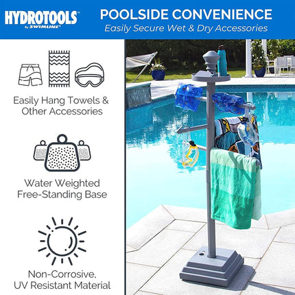 Swimline HYDROTOOLS 89033 Premium Free Standing Poolside Valet Towel Rack Adjustable With Water Weighted Base Three Arms Secure Clips For Outdoors & Indoors Pool Patio Poolside Holder Drying Stand