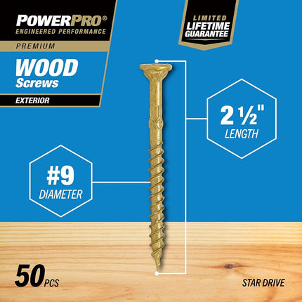 Power Pro 42481 Wood Screws, #9 x 2-1/2", Epoxy Coated, Torx/Star Drive Included, Coarse Thread, Decking Screws, Outdoor Rust Resistant, Bronze, 50pcs