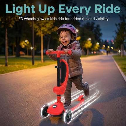 SereneLife Kids Scooter for Ages 3–7 – 3 Wheel Kick Scooter with Seat Option, Light-Up LED Wheels, Lean-to-Steer, Foldable, Adjustable Height, 50 kg Capacity