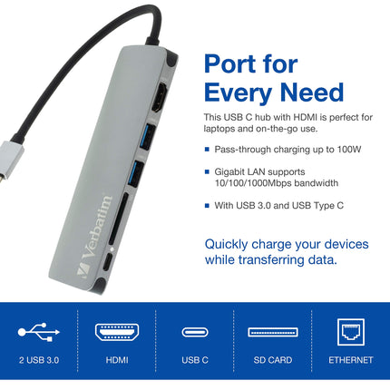 Verbatim 6-in-1 USB C Hub w/Dongle - USB Hub for Laptop w/ 2 USB 3.0, SD Card Reader, 4K HDMI, Ethernet, Compact & Portable USB-C Hub