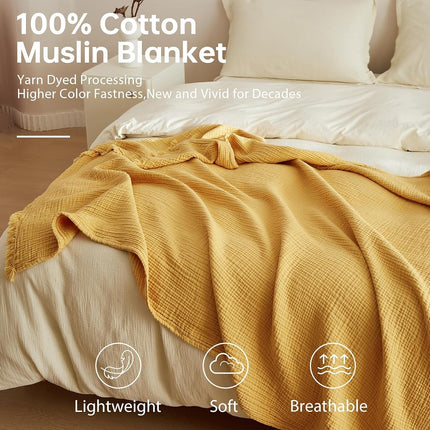 Manta Simple&Opulence de muselina de algodón de 4 capas para cama, sofá, manta de gasa tejida con borlas, suave, ligera, acogedora, prelavada, transpirable, decoración de granja para todas las estaciones (amarillo)