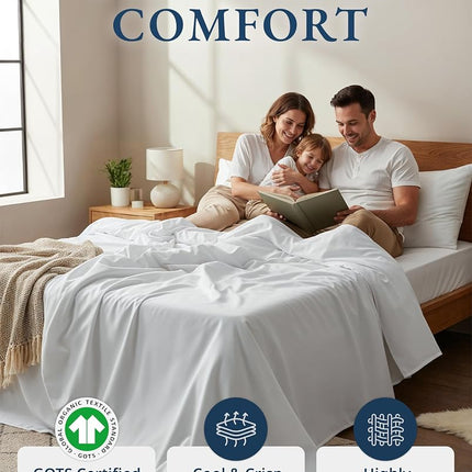 LANE LINEN 100% Organic Cotton Pure White King-Sheets Set 4-Piece Percale Weave Bedding Sheets for Bed Breathable Fits Mattress Upto 15" Deep