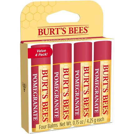 Bálsamo Labial Burt's Bees, Cuidado Labial Hidratante, para Hidratación todo el día, 100% Natural, Granada con Cera de Abejas y Extractos de Frutas (Paquete de 4)