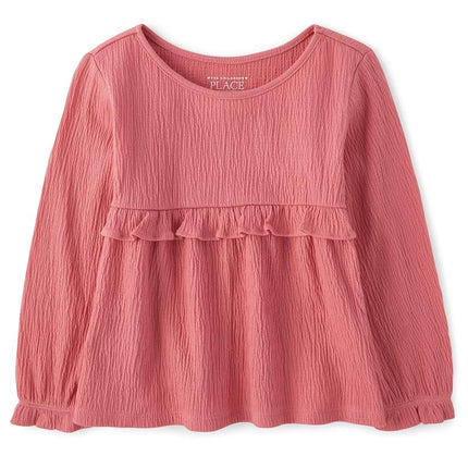 The Children's Place Baby Toddler Girl Long Sleeve Ruffle Top, Lotus Flower, 12-18 Months