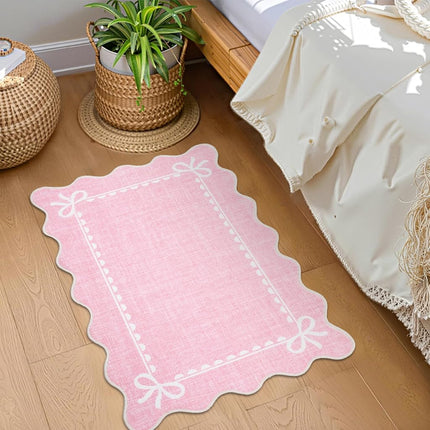 GarveeHome Scalloped Entryway Rug 2x3 Washable Front Door Bow Rug, Pink