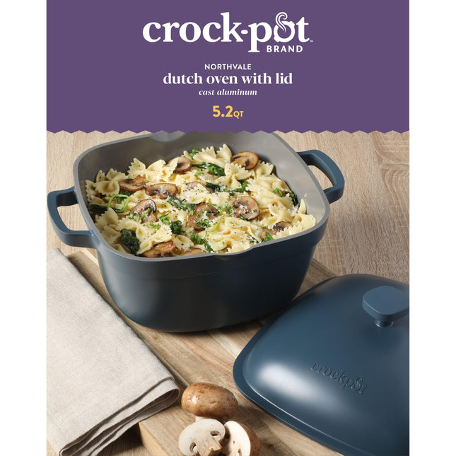 Crock-Pot Northvale Olla Horno Holandesa de Aluminio Fundido, Ligera y Duradera, 5.2 Cuartos, con Tapa, Apta para Horno, Asas Dobles - Azul Mate