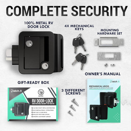 LATCH.IT Black RV Door Latch | RV Door Locks for Travel Trailers | Travel Trailer Door Latch | 100% Metal Camper Door Lock 4 Camper Keys | Trailer Door Lock Only Fits 2.75"x3.75" Door Lock Hole