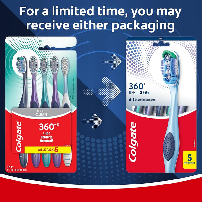 Colgate 360 Whole Mouth Clean Toothbrush, Adult Soft Toothbrushes, 5 Pack