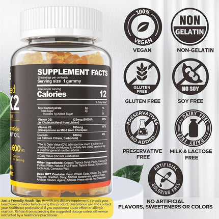 Vitamin D3 K2 Gummies - Vitamin D3 5000iu & K2 Vitamin 200mcg + Calcium 600mg for Adults & GLP-1 Friendly, with Coconut Oil for High Absorption, Support for Bone Muscle Teeth Immune, Vegan 120Count