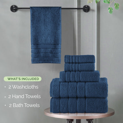 Elegant Comfort 4 Lines Viscose Stripe 6-Piece Premium Towel Set - 100% Turkish Cotton High Absorbent Luxury Bathroom Towels – Includes 2 Washcloths, 2 Hand Towels and 2 Bath Towels Set, Navy Blue