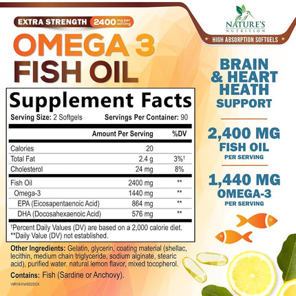 Omega 3 Fish Oil Supplements - 2400mg Fish Oil Per Serving - Triple Strength Omega-3 with EPA & DHA Fatty Acids - Natural Heart, Brain & Immune Support - Wild Caught, Bottled in USA - 180 Softgels