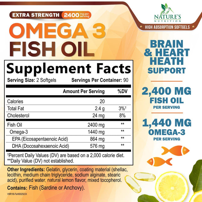 Omega 3 Fish Oil Supplements - 2400mg Fish Oil Per Serving - Triple Strength Omega-3 with EPA & DHA Fatty Acids - Natural Heart, Brain & Immune Support - Wild Caught, Bottled in USA - 180 Softgels